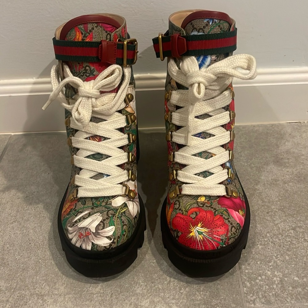 Authentic Gucci Floral Combat Boots - Red, Green, White